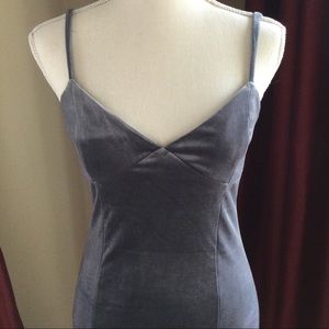 Silver Gray Plush Velvet Adjustable Cami MIDI Dress V Neck